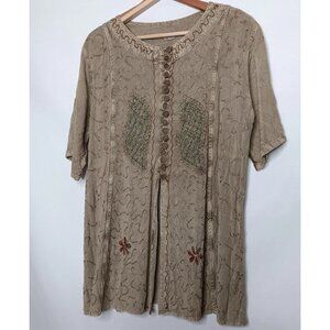 Womens Large Hippie Shirt Brown Embroidered Button Up India Ethnic Short Sleeve